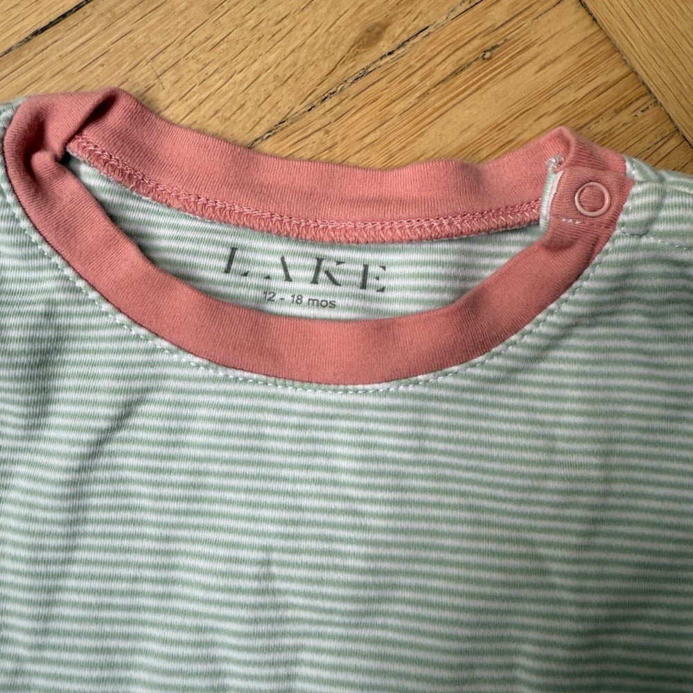 LAKE Kids Pajama Set 12-18 months, Green and white stripe with pink cuffs